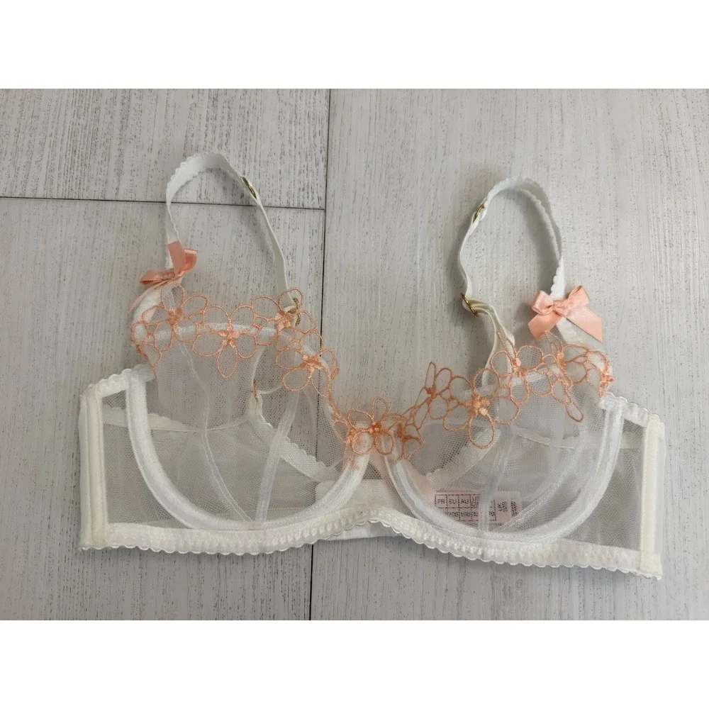 Agent Provocateur Maybelle Balconette Bra Sz 32B White Peach Floral